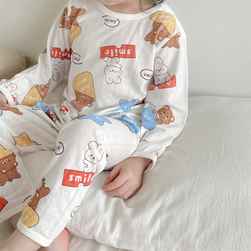 春夏男孩薄款小汽车长袖长裤家居服儿童竹纤维透气睡衣女宝宝内衣