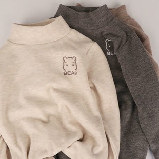 T恤 中小童半高领磨毛内搭男童长袖 宝宝打底衫 儿童上衣薄绒棉秋款