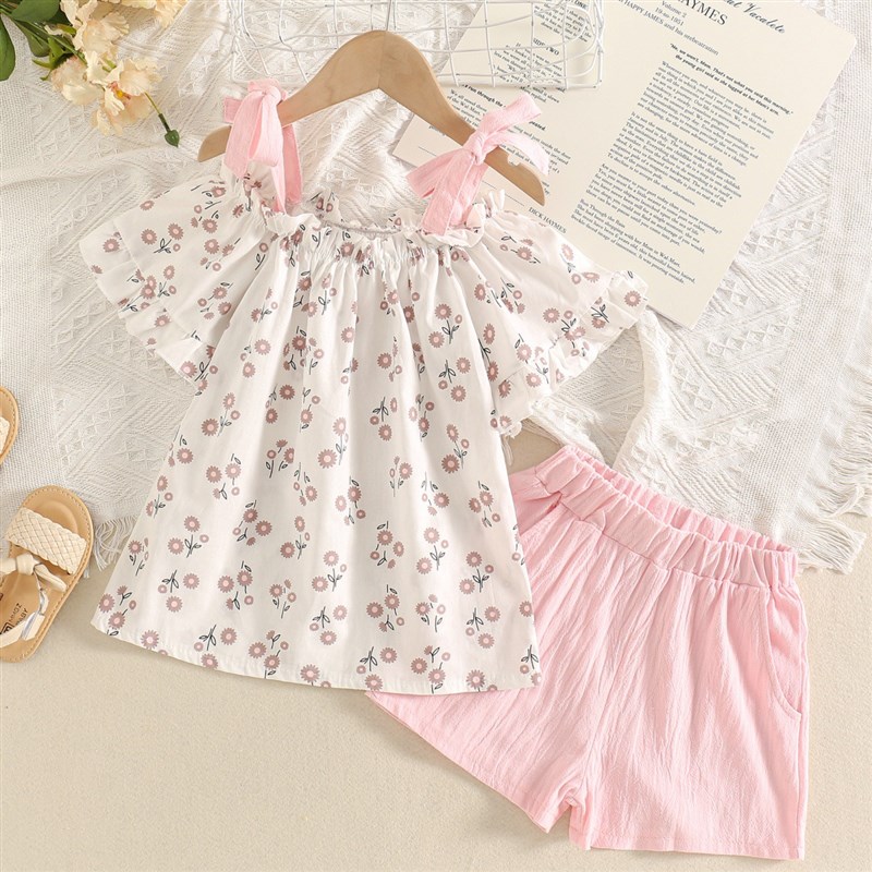 1-6岁夏季新品女童装小清新碎花两件套装女童幼儿吊带漏肩套装裤5