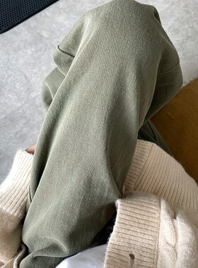 复古绿色直筒牛仔裤女春季新款胖妹妹mm可调节高腰宽松显瘦阔腿裤