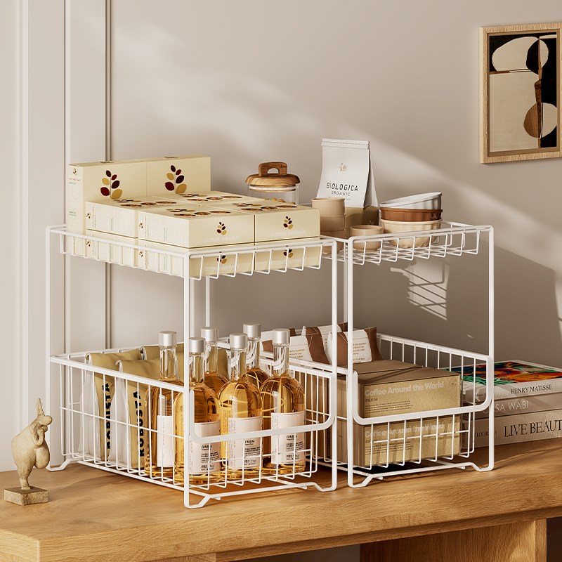 厨房下水槽置物架抽拉式橱柜拉篮双层调料柜内分层架整理筐收纳盒