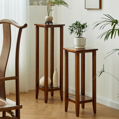 新中式实木花架胡桃木色落地花几禅意家用室内茶室置物架阳台花几