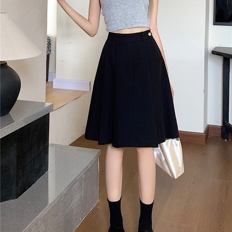 黑色西装百褶裙半身裙女大码春夏季高腰a字裙显瘦遮胯中长款裙子