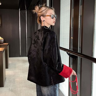 黑色新中式国风外套女2024新款春款高端超好看双面穿复古唐装上衣