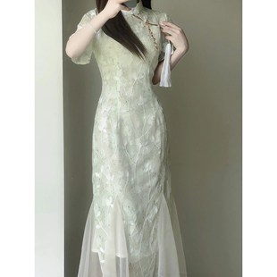 2024新中式改良鱼尾旗袍裙复古高端年轻款少女气质连衣裙日常可穿