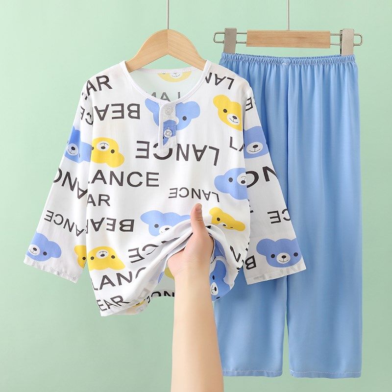 夏季儿童绵绸睡衣男童男孩薄款家居服女童女孩小宝宝棉绸长袖套装,童装/婴儿装/亲子装,家居服套装,淘宝优惠券,粉丝福利购,淘宝优惠卷