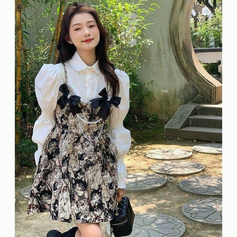 春秋复古港风轻熟长袖衬衫上衣+油画猫咪吊带连衣裙两件套套装女,女装/女士精品,时尚套装,淘宝优惠券,粉丝福利购,淘宝优惠卷