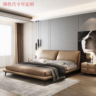 新款意式极简真皮床主卧现代简约轻奢软包实木床大象耳朵皮床婚床