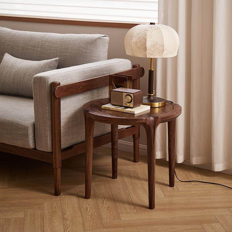 北美黑胡桃木简约现代全实木圆形茶几角几客厅边几小户型茶桌组合