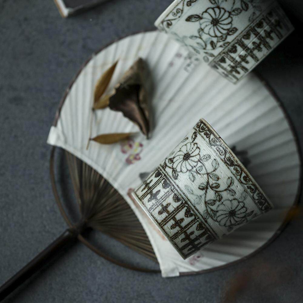 洪武青花彩啡绘线条陶猪口杯洪武雏菊咖杯质甜品杯构手成作茶杯