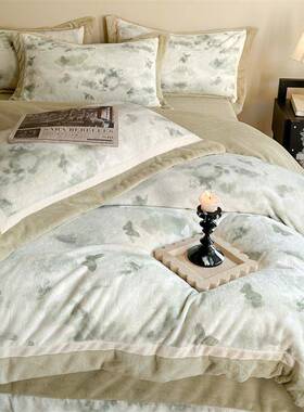 A类简约复古印绒花慕丝四件YANGQI套厚保素雅暖珊瑚绒冬季加被套