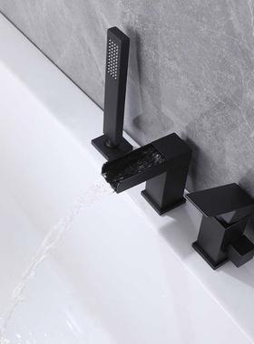 黑全铜瀑布咀03121带持装套色分体式浴缸龙头冷手热混水三孔三件