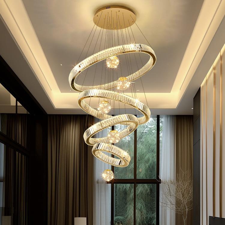 别墅梯灯挑空客厅大灯轻奢代现楼中楼740跃层挑吊高楼复式楼水晶