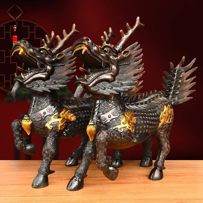 铜麒麟摆件一对纯铜火麒麟家居办公室桌面装饰品祥瑞麒麟公母麒麟
