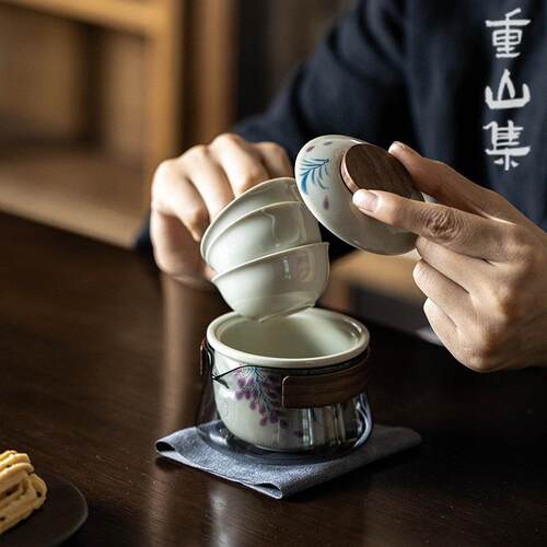 陶瓷旅行收纳布包户外便携纯手绘荷韵一壶三杯快客旅行茶具
