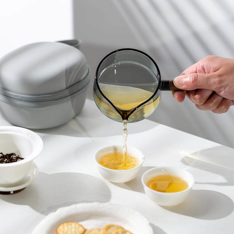 随身户外旅行功夫玻璃白瓷茶具套装一壶两杯便携玻璃白瓷茶杯套装
