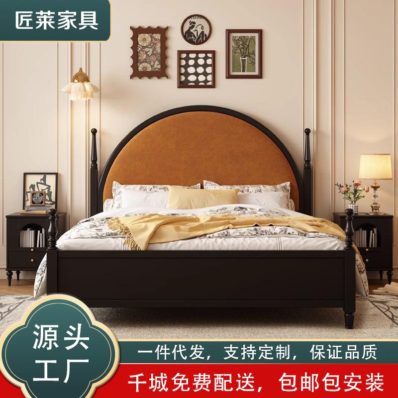 实木床中古风布艺主卧1.8米1.5复古乡村美式简约双人软包婚床储物