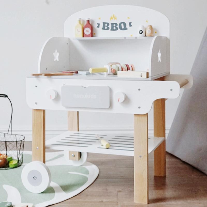 BBQ烧烤车木质儿童玩具仿真烧烤架烤串汉堡组合3岁男孩女孩过家家