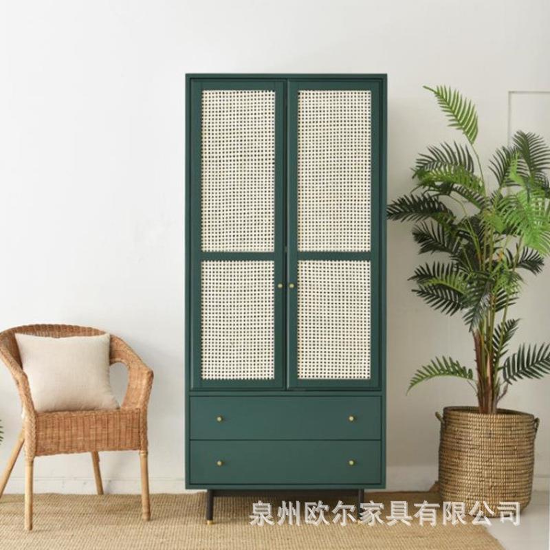 北欧实木衣柜藤编抽屉式双开门大衣柜家用轻奢客卧储物收纳衣柜