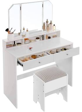 化隔妆台梳妆台三折式镜KTY大桌面带子2个抽屉3个开放式间