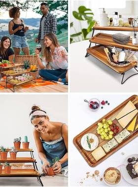 铁派艺木三层托盘宴便携式户外露营烧烤盘对会RHB放甜品点心水果