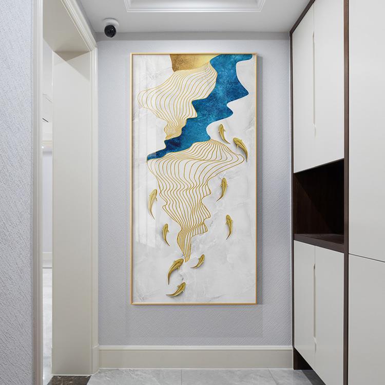 轻奢新玄关装画九鱼走廊中式挂画酒516店软饰装墙面寓意竖图版墙