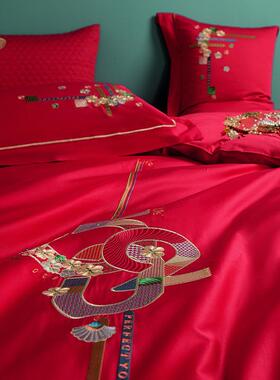 婚庆60支四件绣套长棉红色庆喜庆20SMH绒25新款婚刺四件套
