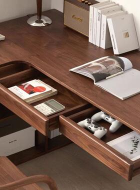 靠黑胡桃转角书桌全实木L型墙书桌柜一体XVZ小户型木家用办公学习