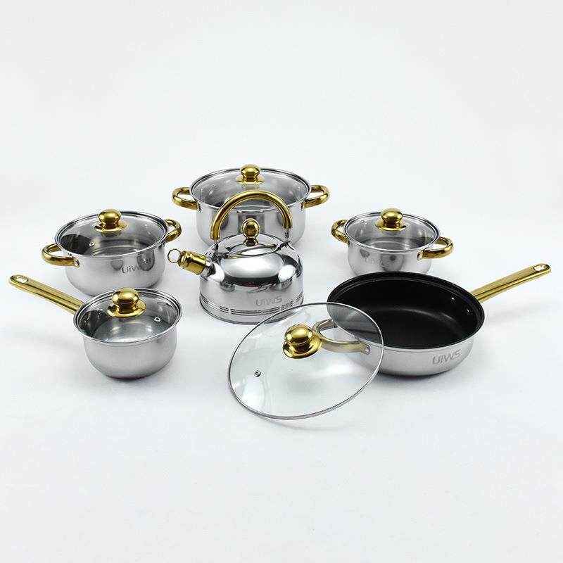 不锈钢锅具12件套金色手柄厨房适用平底烹饪锅具组合套装