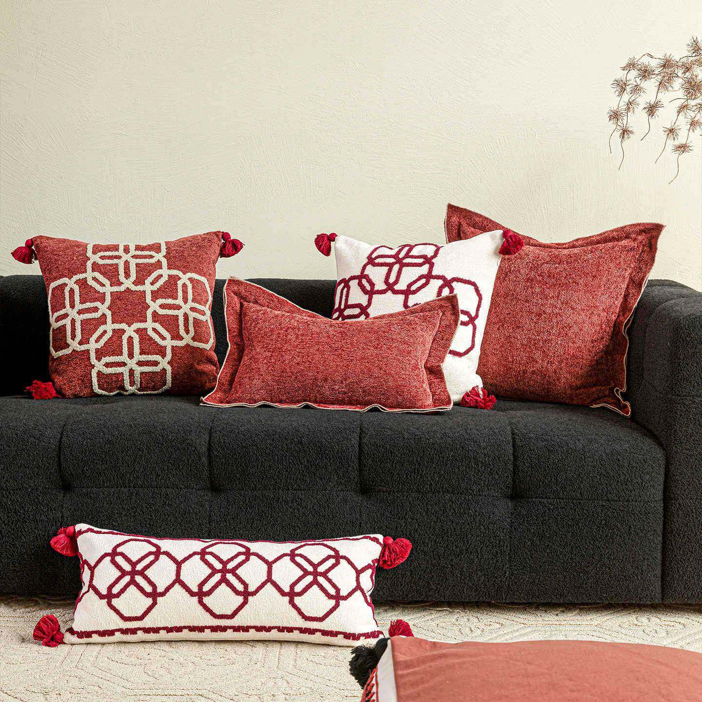 红色几何毛巾绣抱枕套国风中式客厅沙发靠垫乔迁结婚节日喜庆腰枕
