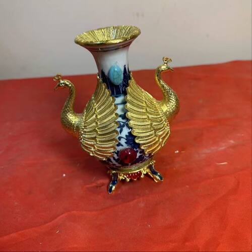 古玩雕刻铜制手绘陶瓷孔雀开屏花瓶家居桌面摆饰工艺品