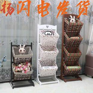 家用吊篮置物架木落地玩具筐子藤编储物架杂物客厅卧室收纳架多层