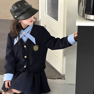 女童羽绒服套装2024冬季新款儿童学院风加厚假两件上衣裙子半身裙