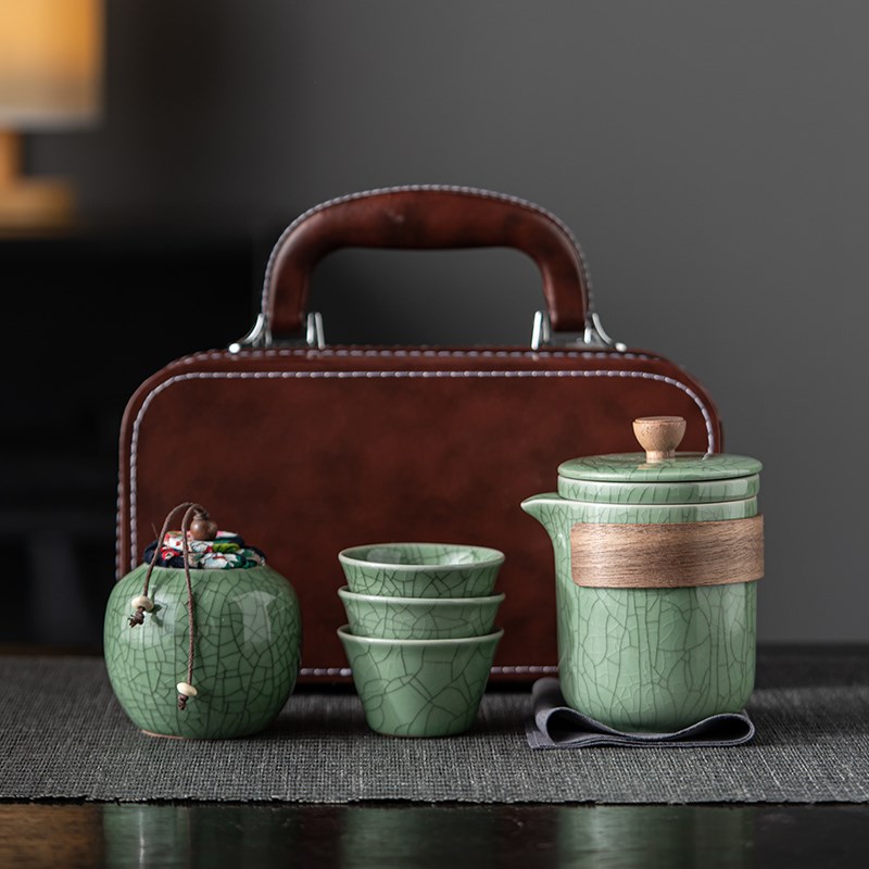 哥窑梅子青旅行茶具套装功夫茶壶开片可养家用户外冲泡茶公司订制