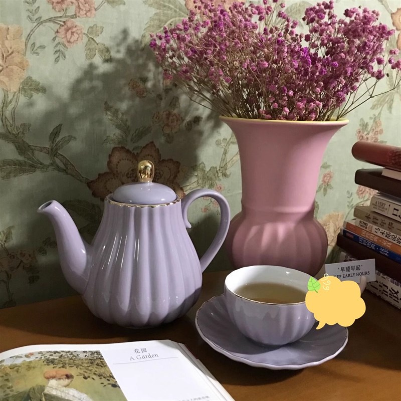 欧式泡茶壶带茶漏咖啡杯碟家用奶杯糖壶紫色陶瓷红茶法式茶具套装