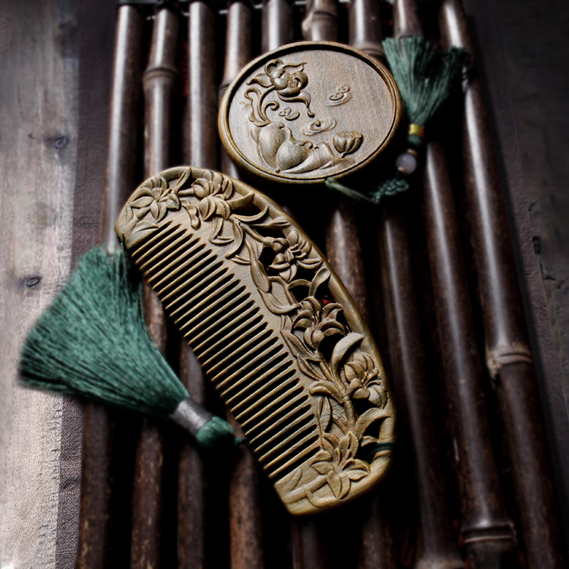 天然绿檀木梳镜组合套装迷你复古风小圆镜子雕花网红随身化妆梳镜