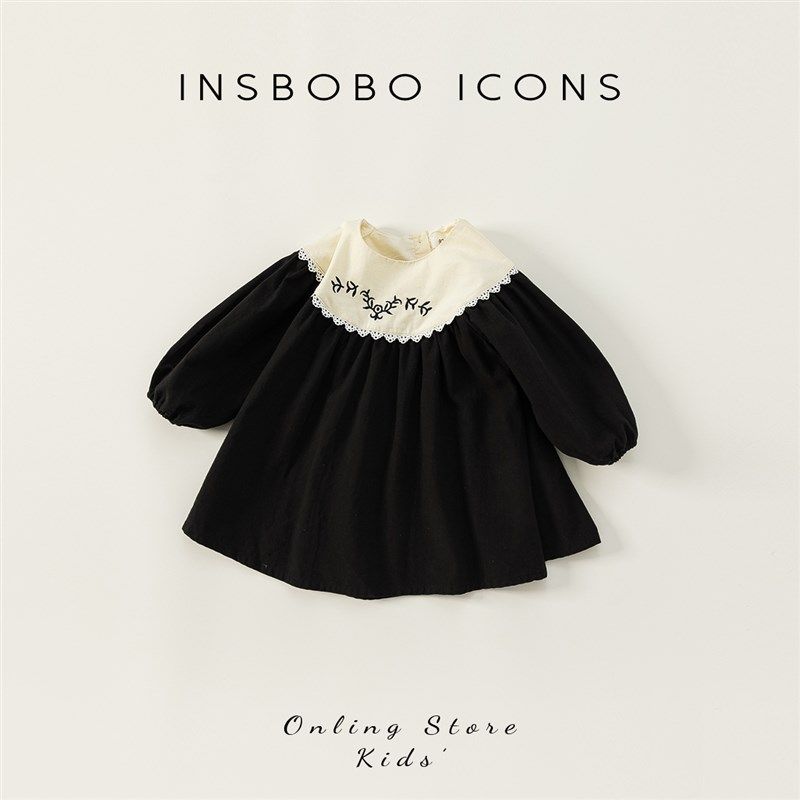 女童连衣裙秋季小女孩宫廷风公主裙宝宝黑色裙子儿童洋气周岁礼服