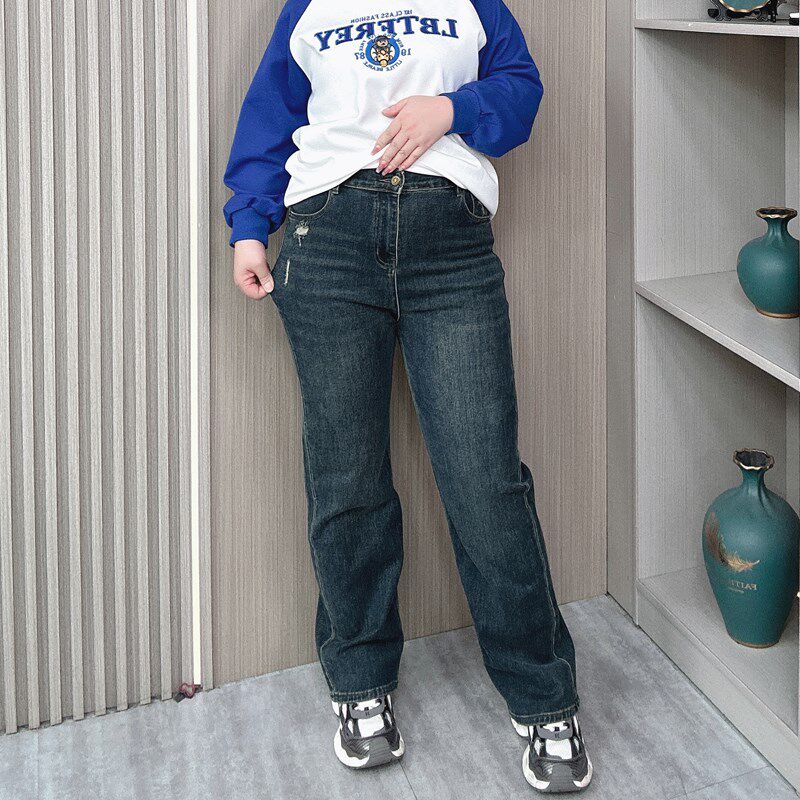 大码女装春秋新款高腰牛仔裤胖mm宽松显瘦弹力休闲直筒哈伦长裤子