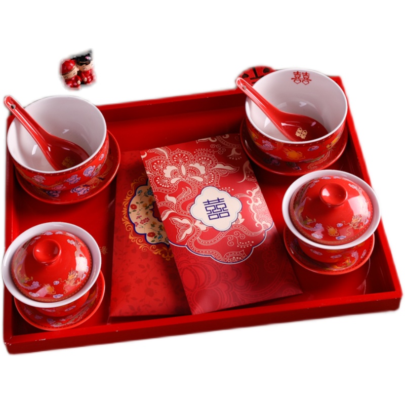 结婚礼改口敬茶杯套装喜庆新人中式对碗喜杯喜筷陪嫁用品大全套
