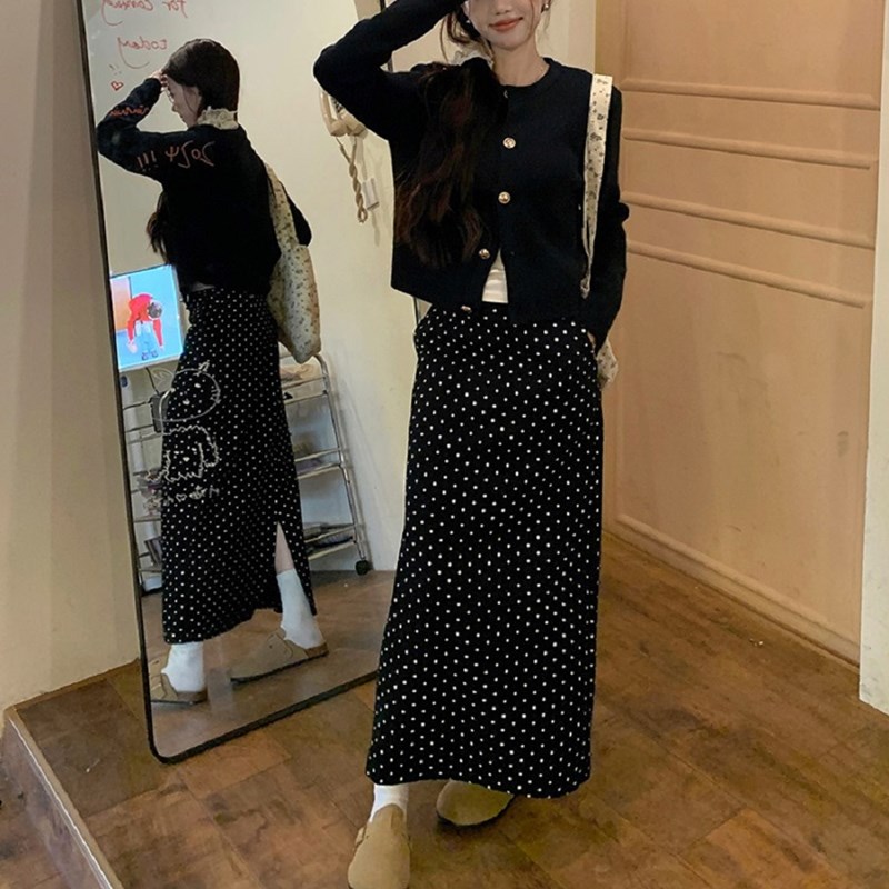 大码胖mm甜酷温柔风黑色针织开衫吊带背心波点半身裙女早秋三件套