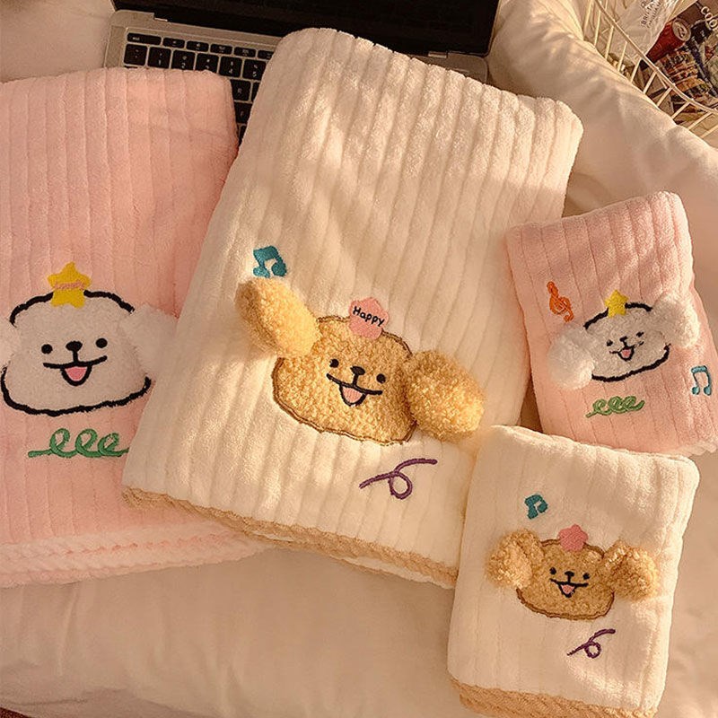 线条小狗毛巾女可爱卡通吸水不掉毛家用珊瑚绒洗脸擦脸毛浴巾套装