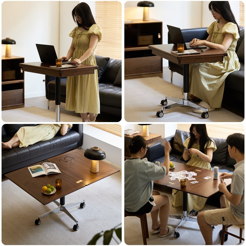 树府黑胡桃木可移动边几升降茶几多功能折叠小推车餐W桌家用小户