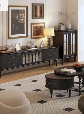 法式美复古实木电视柜客厅中古风黑色柜高款电机茶视几家91107用