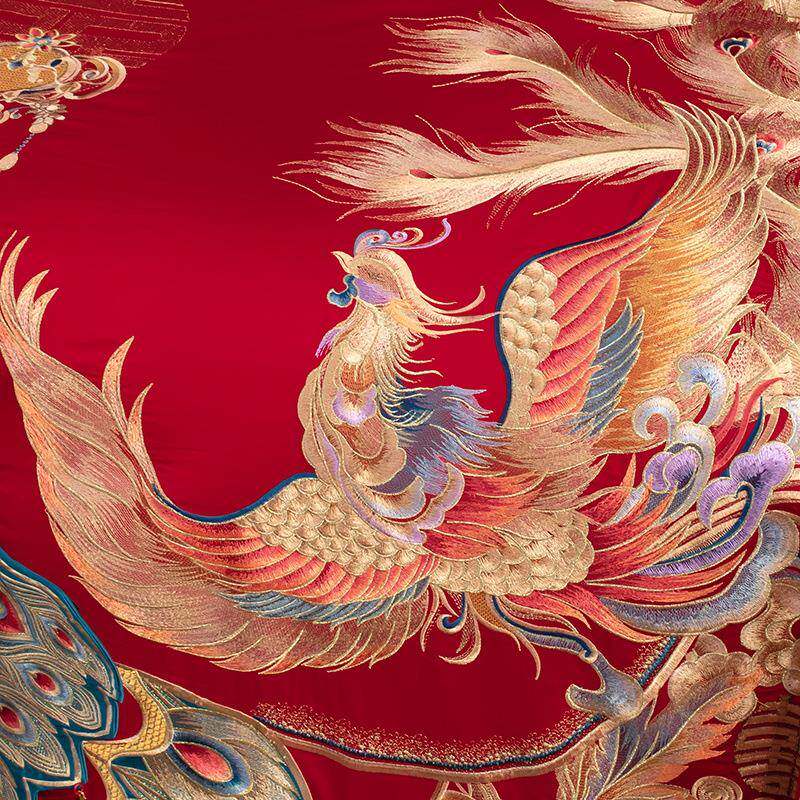 端16支婚庆刺绣dijue四件套高长红绒棉结婚大四件套纯棉陪0嫁喜被