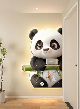 奶油熊猫玄关装饰画入走廊户洞洞HS241104板置物挂画风进门正墙灯