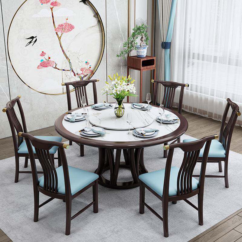 新中式岩板圆桌990酒店餐桌椅合8人餐大圆桌大理石18米.全实木圆