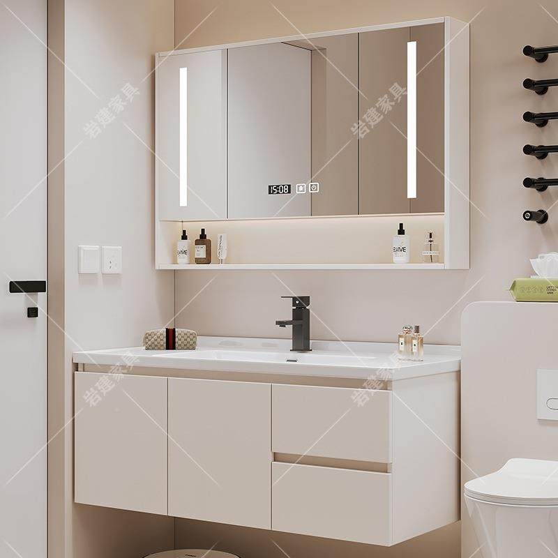 奶油陶墙瓷一体盆浴室柜智能镜柜组风合洗池洗脸漱盆挂598式工厂