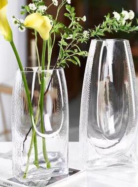 旺苍瓶花双QIN侧纹璃理透明烟灰色家居装饰插花玻摆件鲜花器皿礼