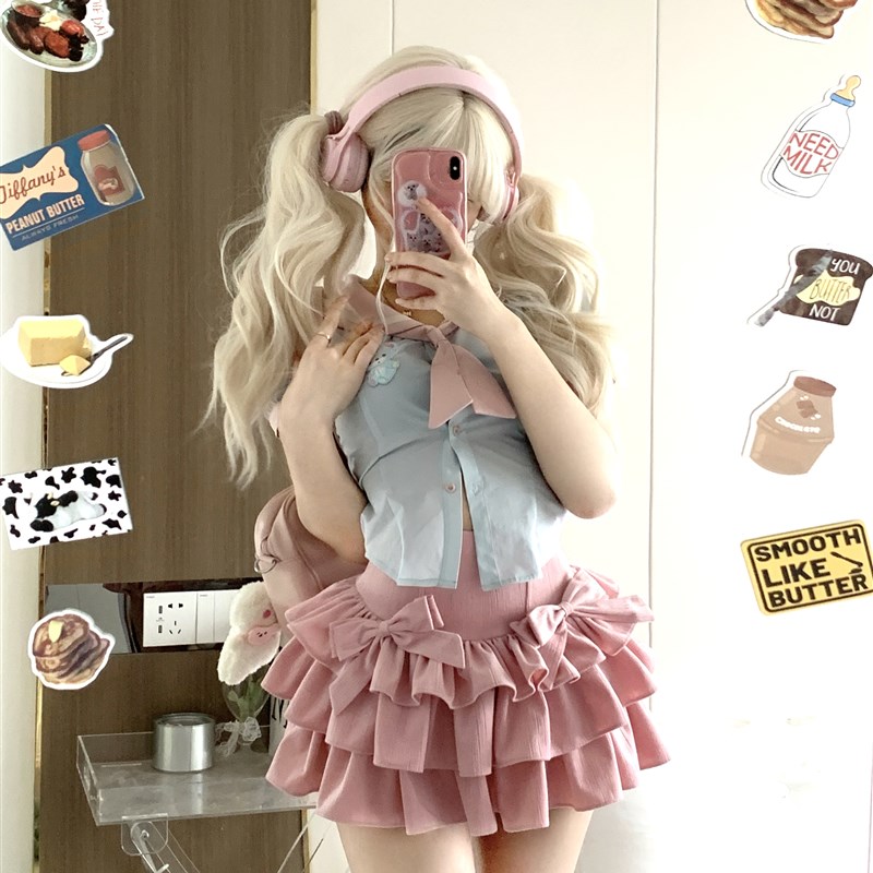 少女椰子 落跑甜心 夏季短袖a字高腰蝴蝶结蛋糕半身裙时尚套装女