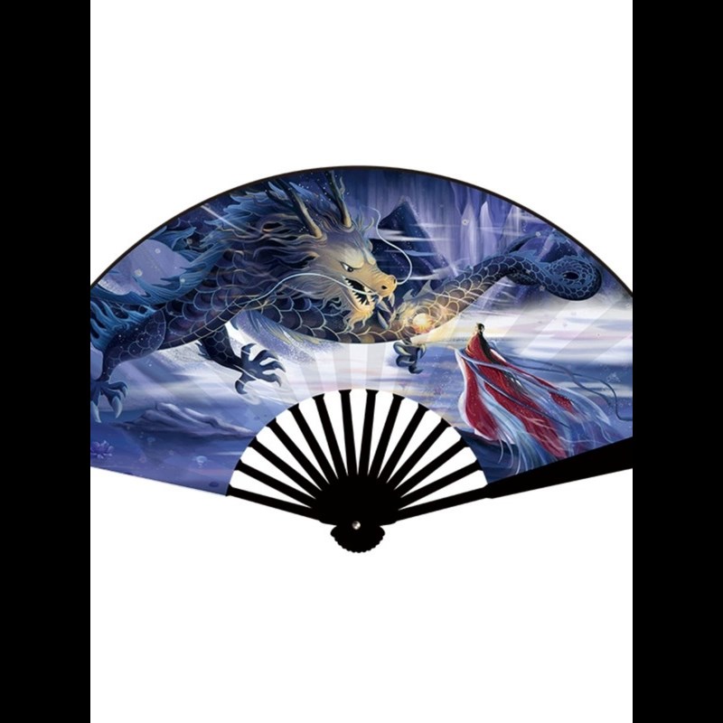 10寸霸气蹦迪网红青龙图案折扇古风绢布扇子汉服配饰夏季随身配饰
